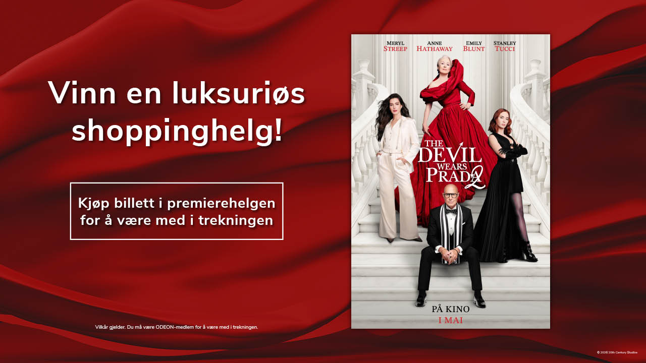 Poster fra filmen The Devi wears Prada til høyre i bildet, til venstre står det "Vinn en luksuriøs shoppinghelg! Kjøp billetter til premierehelgen for å være med i trekningen." Bakgrunnen er rød.