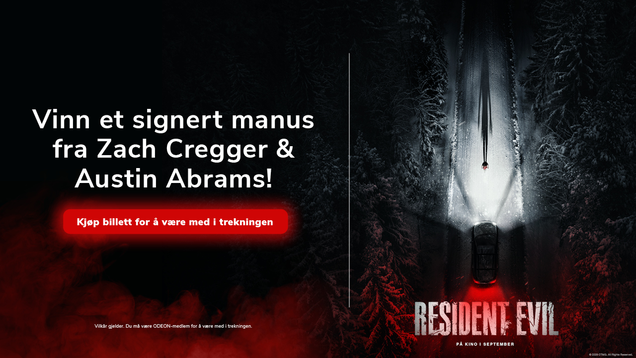 Konkurranse om å vinne et signert manus fra Resident Evil av Zach Cregger og Austin Abrams, ved siden av filmplakaten.