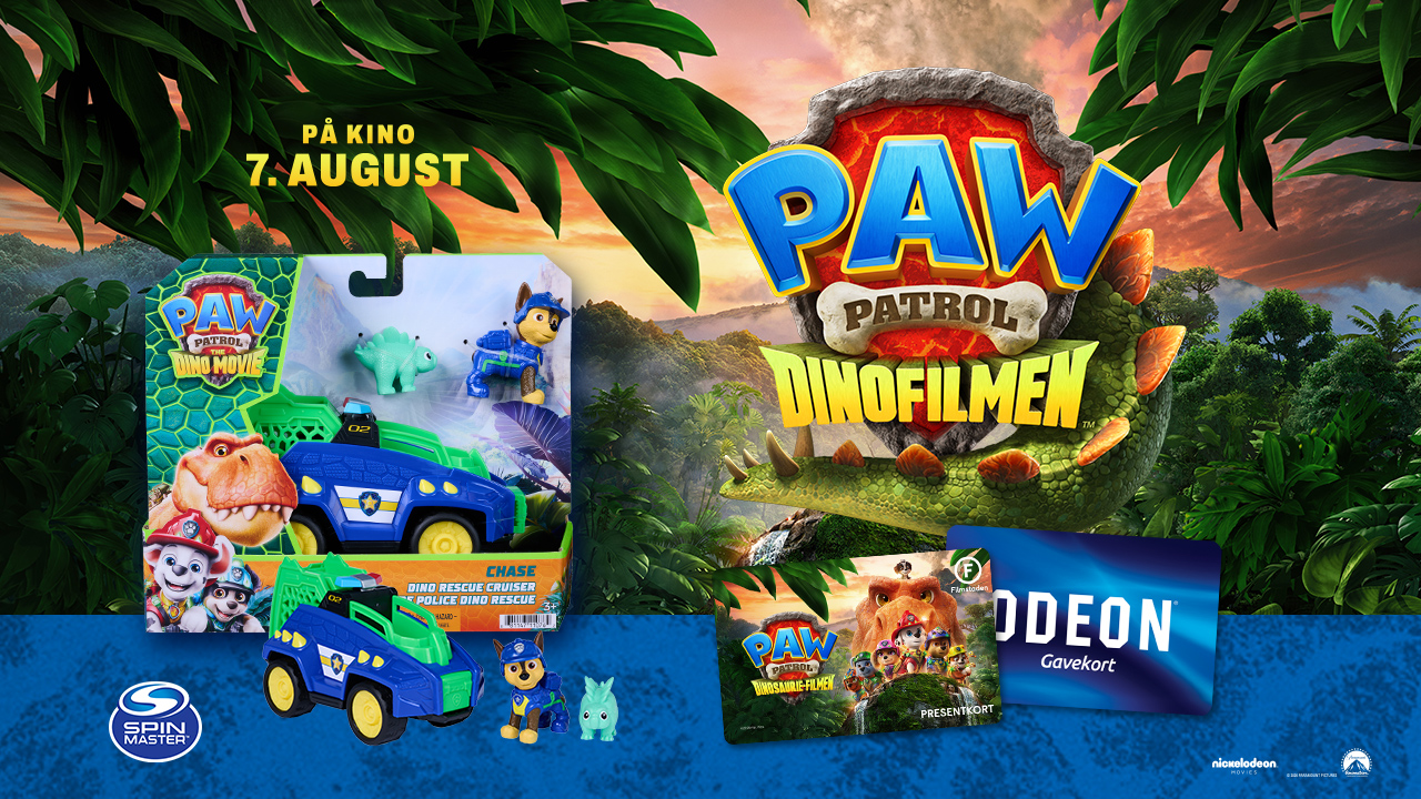 Kampanjebilde for PAW Patrol: Dinofilmen. På bildet vises en PAW Patrol-leke med politibil, figurer og dinosaurtema, sammen med et kinogavekort fra ODEON. I bakgrunnen sees jungelvegetasjon og filmens logo. Teksten «På kino 7. august» er plassert øverst til venstre.