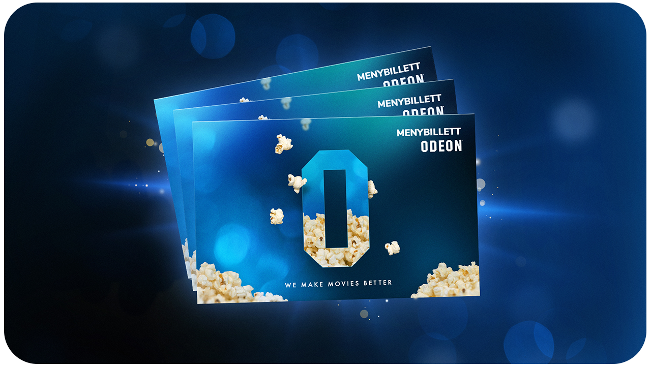 Bilde av to menybilletter fra ODEON Kino. På billettene ser vi popkorn og en brus. Logo og ordet Menybillett finnes på billettene. Svart bakgrunn.