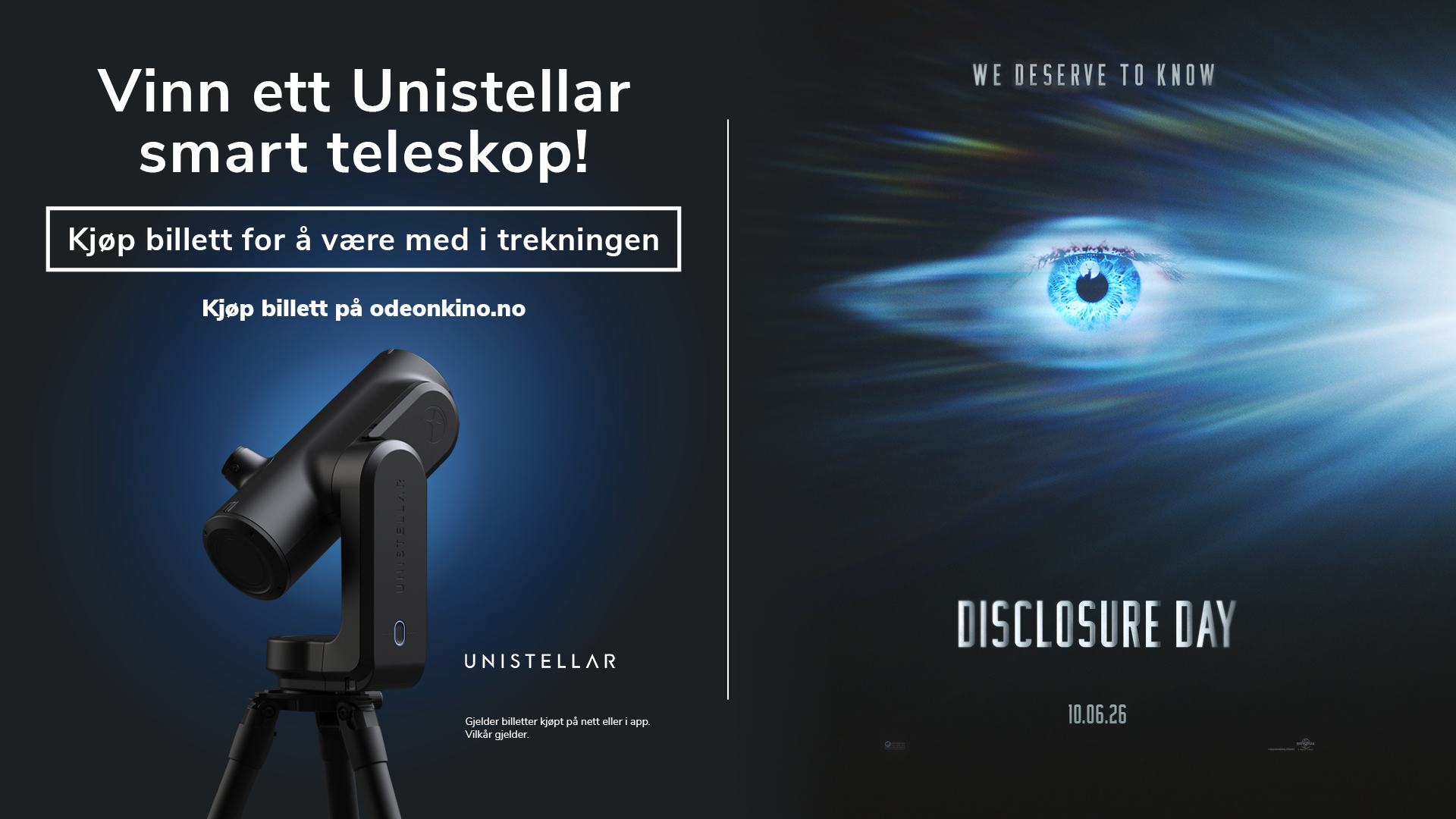 Kampanjebilde med tekst om å vinne et Unistellar smartteleskop, produktbilde av teleskopet og plakat for filmen Disclosure Day med lysende øye i verdensrommet.