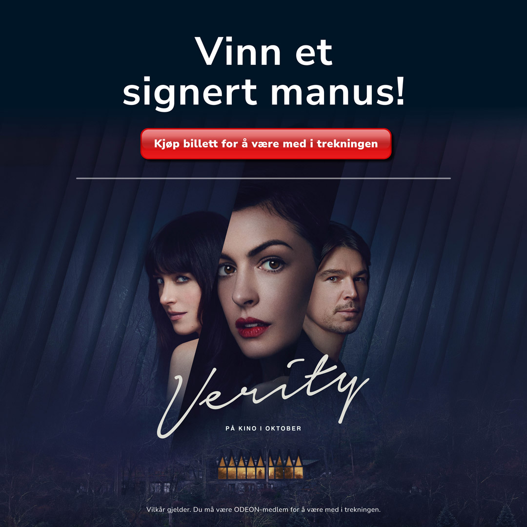 Konkurranse for filmen Verity. Vinn et signert manus ved å kjøpe billett. Filmplakat med tre karakterer foran et mørkt bakteppe og et opplyst hus nederst i bildet.