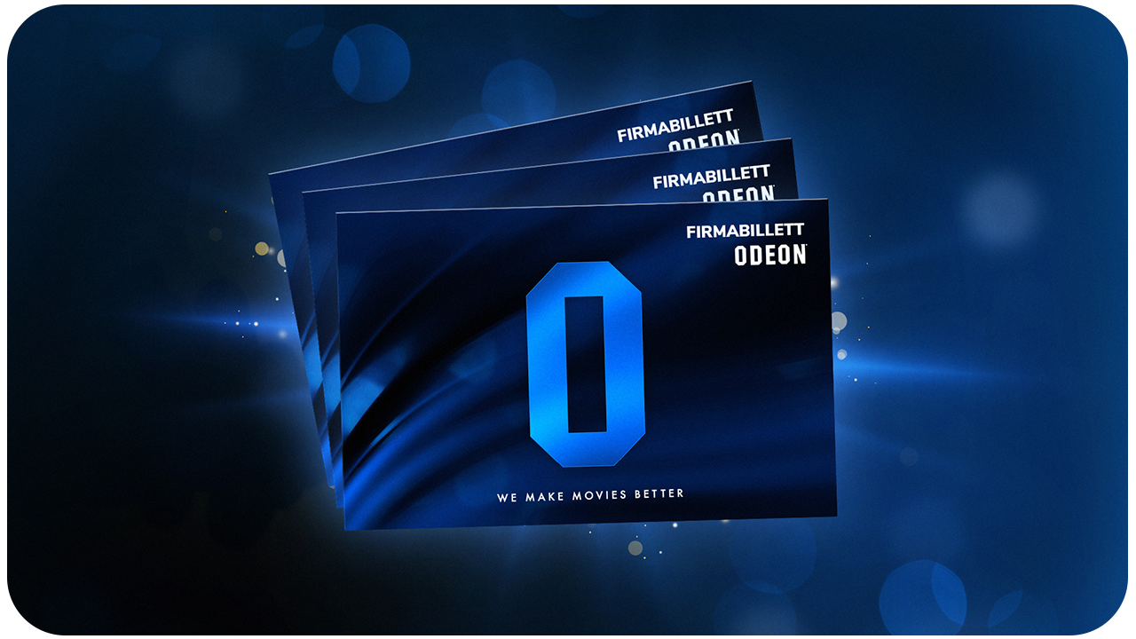 Bilde av tre kinobilletter fra ODEON Kino. Blå bakgrunn og blå billetter med logo på, og teksten Firmabillett