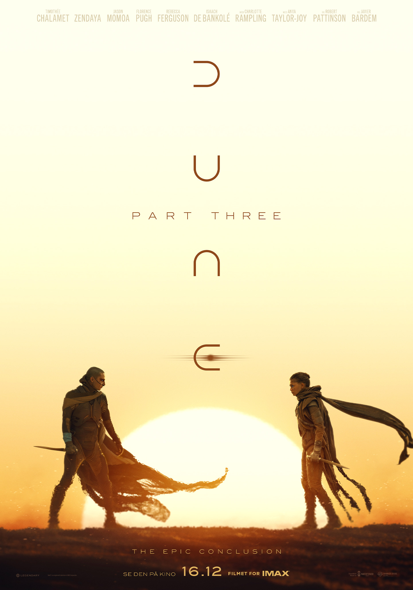 Filmposter for filmen Dune: Part Three. Vi ser to menn i motlys mot en gul sol og gul himmen i ørkenlandskap.