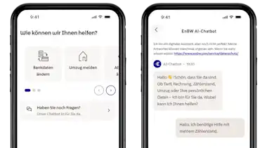 Illustration von zwei Smartphones mit dem Hilfebereich und dem EnBW AI-Chatbot