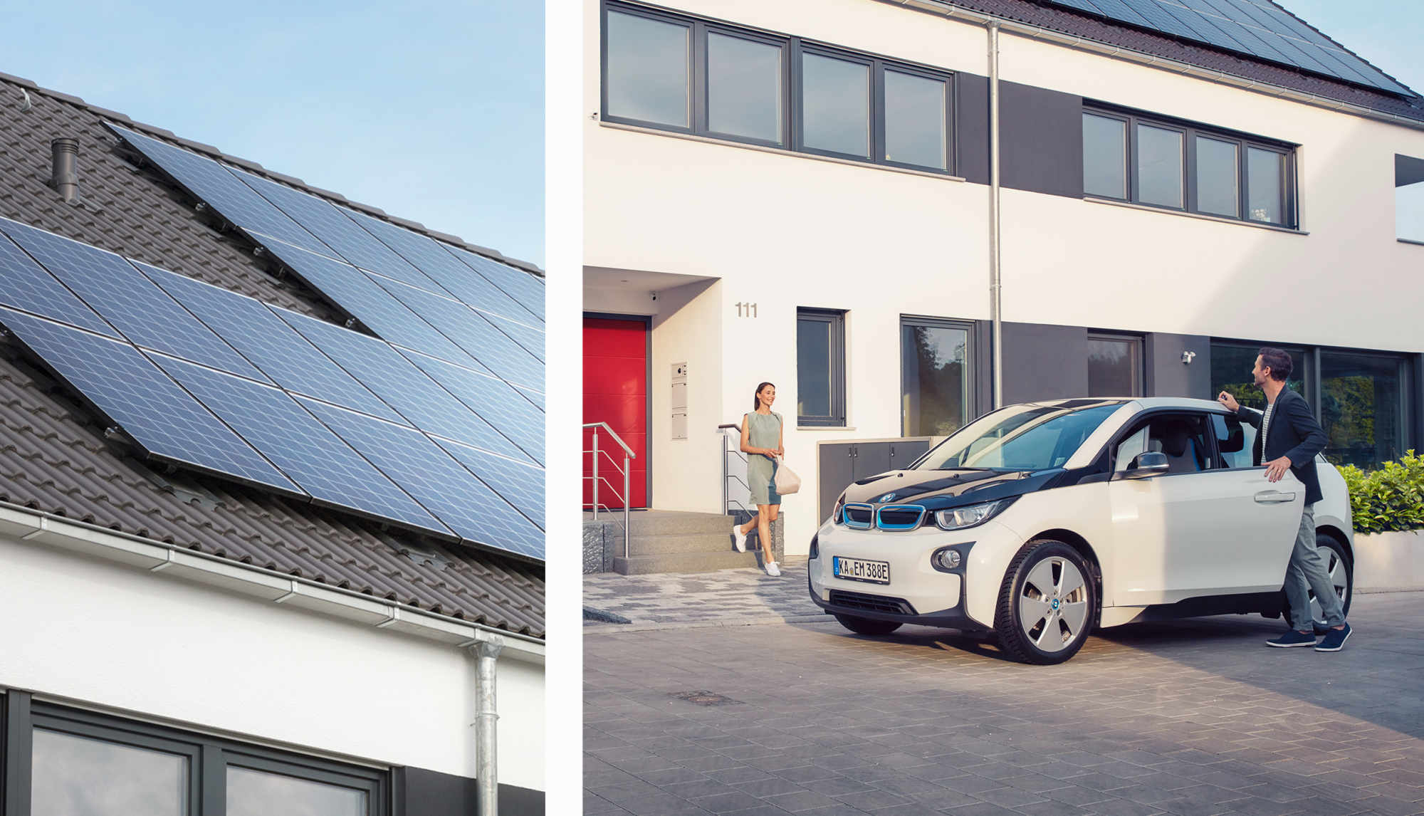 Links EnBW solar+ Solaranlage auf Daniels Dach, rechts Daniel und seine Frau steigen in ihr E-Auto ein