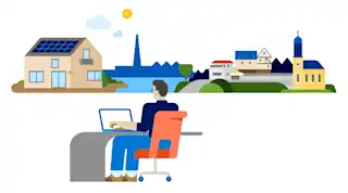 Illustration BPO Mann Rechner Haus Solar Stadt Dorf