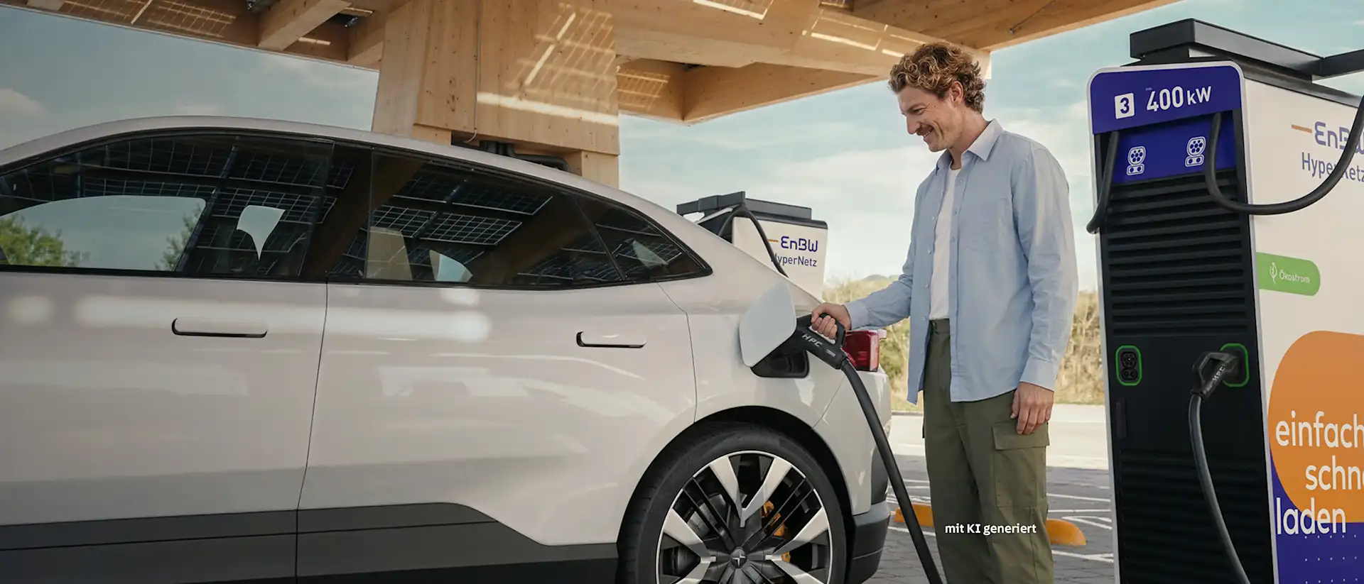 Mann lädt E-Auto im Ladepark, mit Hinweis zur KI-Generierung des Bildes