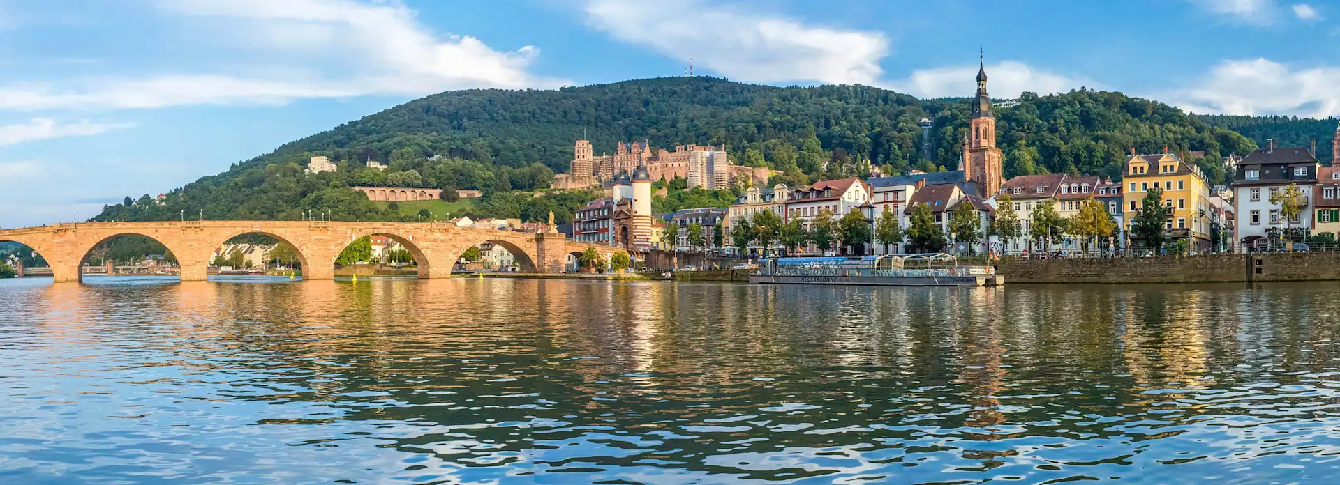 Stadt Heidelberg Altstadt mit Blick vom Wasser mit Sicht auf Heiliggeistkirche und Brücke