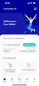 EnBW zuhause+ App Start Screen Dashboard Ihre Tarife im Überblick Schnellzugriff