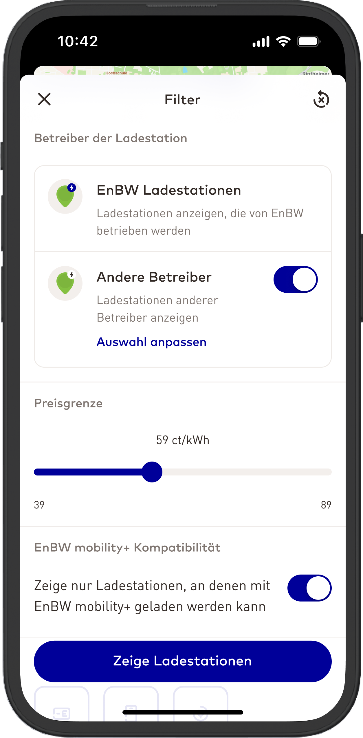 Handybildschirm EnBW mobility+ App Preisfilter