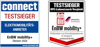 Siegel connect Testsieger Elektromobilitätsanbieter EnBW mobility + Oktober 2025 und Siegel Testsieger HPC-Ladenetzwerk-Vergleich Auto Bild eMobility Excellence EnBW mobility+ 15 Betreiber von Schnellladestationen im Vergleich (09/2026)