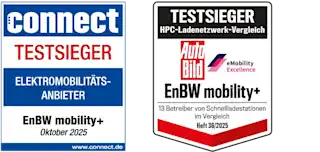 Siegel connect Testsieger Elektromobilitätsanbieter EnBW mobility + Oktober 2025 und Siegel Testsieger HPC-Ladenetzwerk-Vergleich Auto Bild eMobility Excellence EnBW mobility+ 13 Betreiber von Schnellladestationen im Vergleich Heft 36/2025
