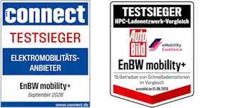 Siegel connect Testsieger Elektromobilitätsanbieter EnBW mobility + Oktober 2026 und Siegel Testsieger HPC-Ladenetzwerk-Vergleich Auto Bild eMobility Excellence EnBW mobility+ 15 Betreiber von Schnellladestationen im Vergleich (09/2026)