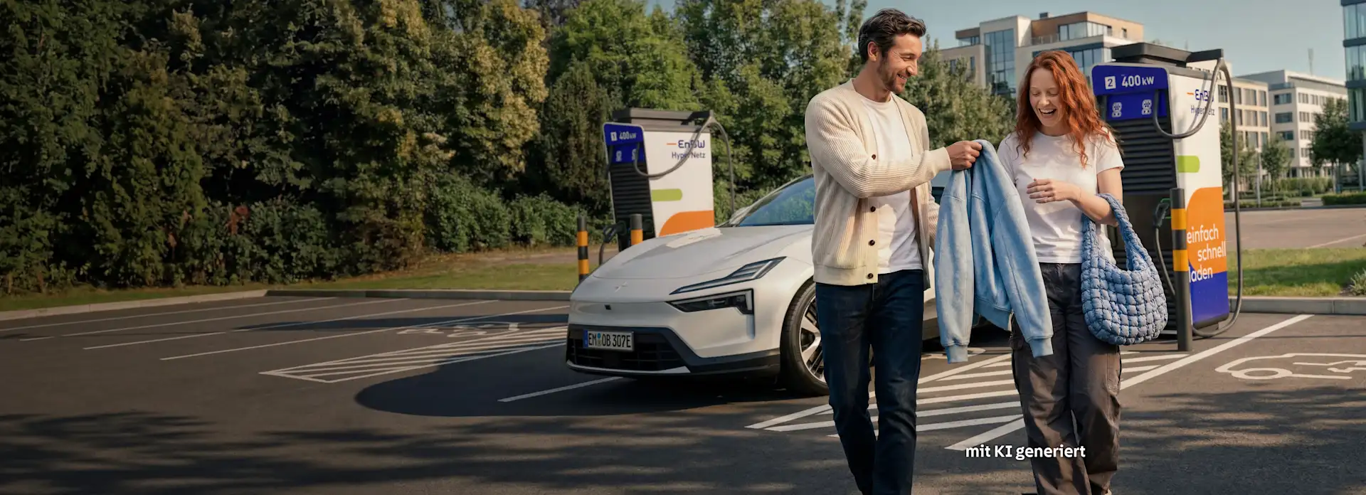 Pärchen an Ladestation lächelt und geht vom Auto weg.
