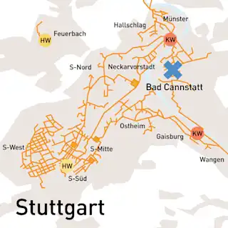Karte Stadt Stuttgart mit Kennzeichnung X auf Bad Cannstatt