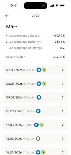 App Screen mit EnBW Mavi zeigt gesamte Ladehistorie von März 2026