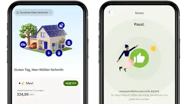 Illustration von zwei Smartphones mit der Startseite der App und der Kostenprognose