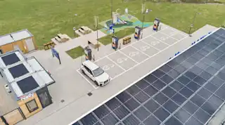 EnBW Ladepark Chemnitz von oben mit PV auf dem Dach