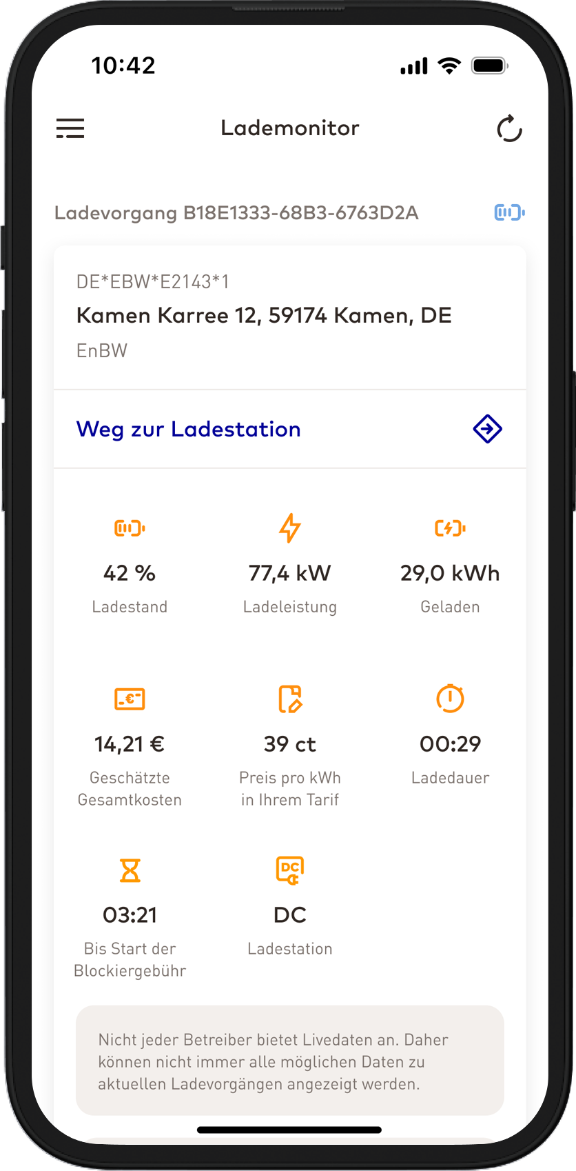 EnBW mobility+ App Screenshot aktueller Ladevorgang