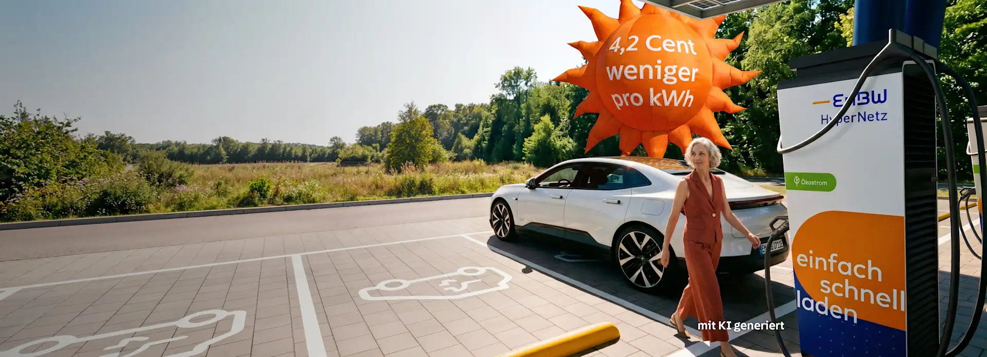 Frau lädt E-Auto an EnBW-Ladestation im EnBW HyperNetz, hinter ihr schwebt ein Luftballon in Form einer Sonne mit der Aufschrift "4,2 Cent weniger pro KWh"