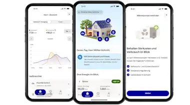3 Smartphones zeigen jeweils einen Bereich der Energiewelt App: Übersicht von EnBW, Homescreen und Wärmepumpe verbinden