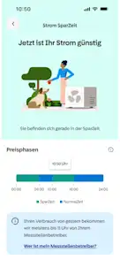 App-Screen zeigt Dashboard mit Preisphasen des zeitvariablen Stromtarifs der EnBW