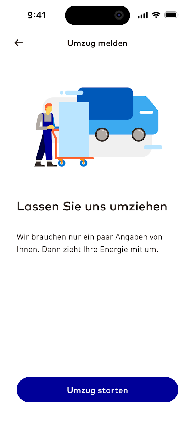 EnBW zuhause+ App zeigt Möglichkeit, Umzug per App an EnBW zu melden