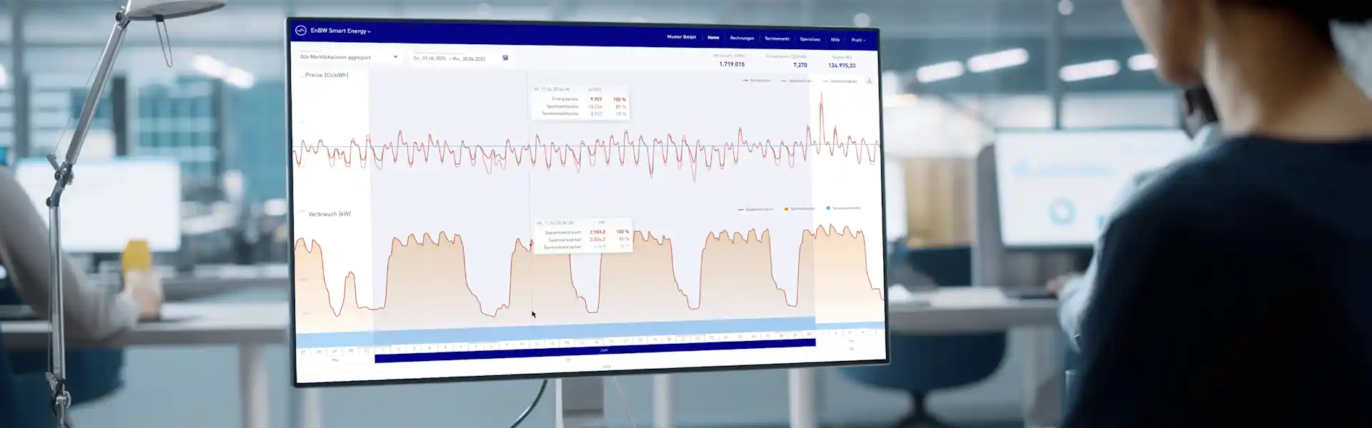 Mitarbeiterin nutzt das Kundenportal EnBW Smart Energy Suite.