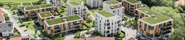 Wohnquartier mit bepflanzten Dächern