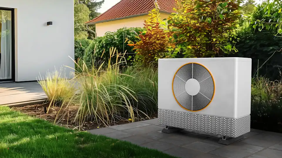 Weiße Wärmepumpe auf grüner Wiese vor Terrasse