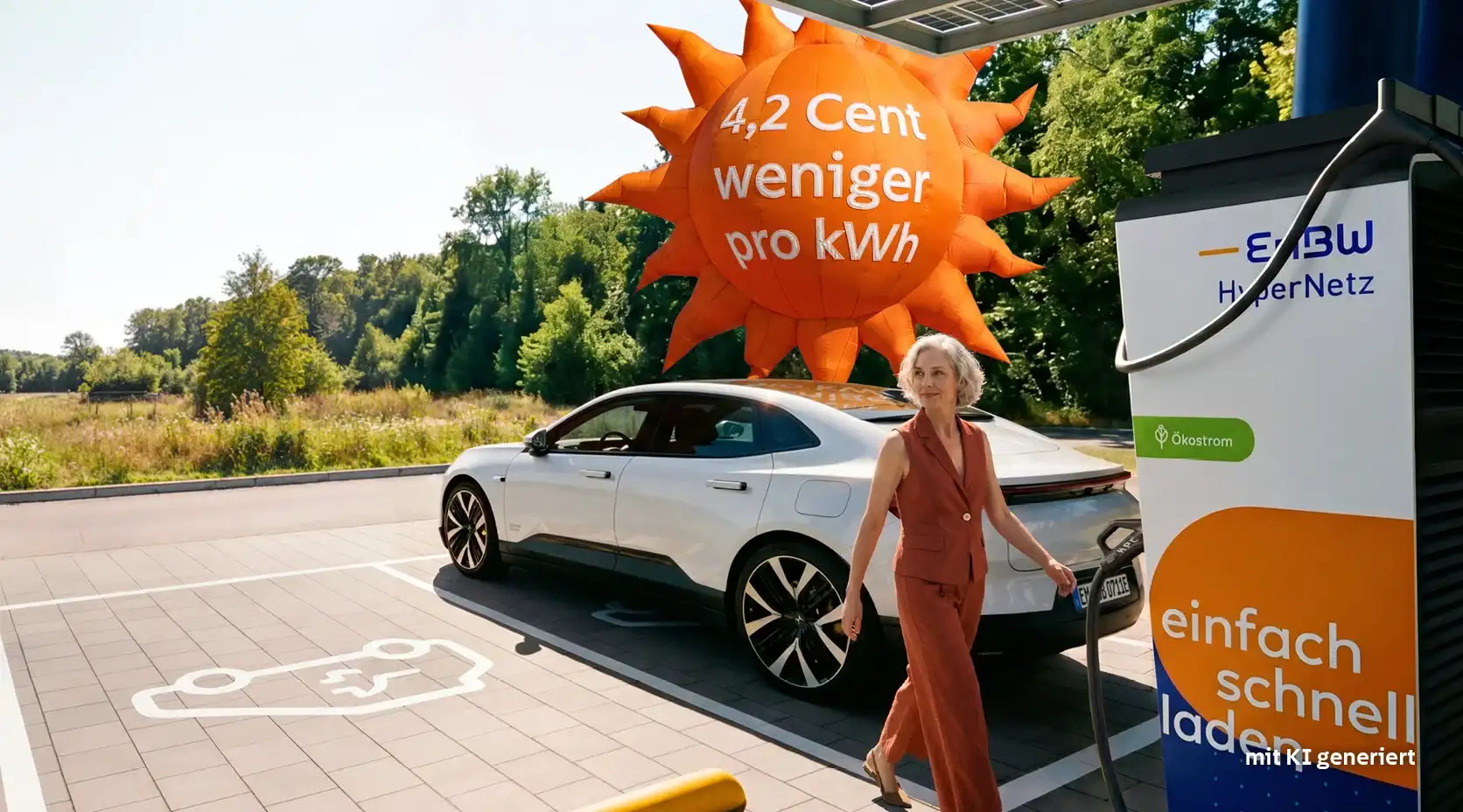 Frau lädt E-Auto an EnBW-Ladestation im EnBW HyperNetz, hinter ihr schwebt ein Luftballon in Form einer Sonne mit der Aufschrift "4,2 Cent weniger pro KWh"