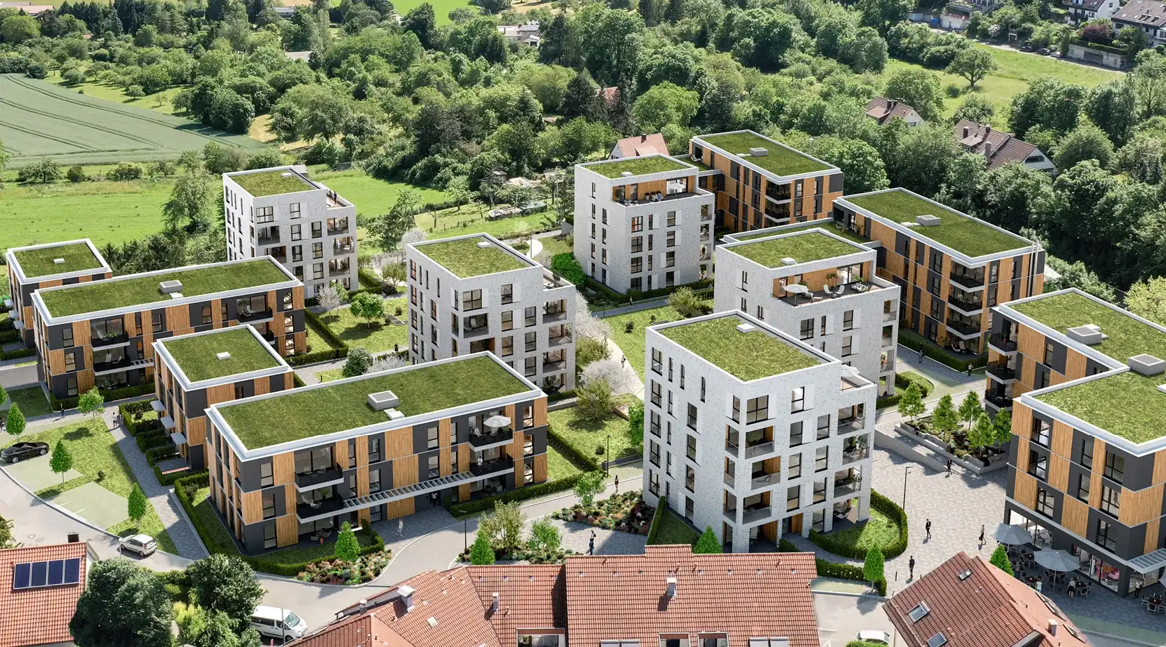 Wohnquartier mit bepflanzten Dächern