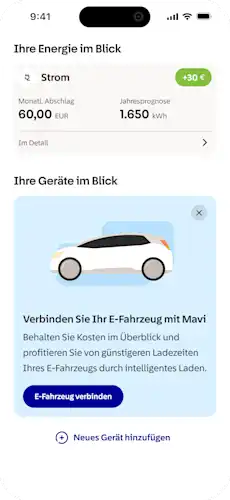 App Screen mit EnBW Mavi Dashboard in EnBW Energiewelt App mit Flex Light