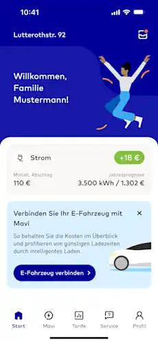 App Screen mit EnBW Mavi Dashboard in EnBW zuhause+ App mit Flex Light