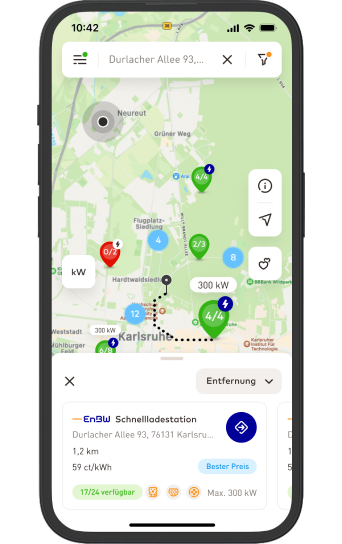 EnBW mobility+ App Umkreissuche Entfernung