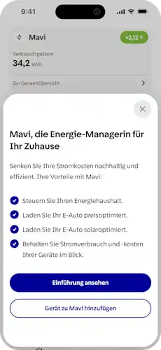 App Screen mit EnBW Mavi Dashboard ausschließlich mit Elektroauto EV