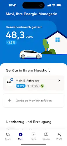 App Screen mit EnBW Mavi Dashboard ausschließlich mit Elektroauto EV