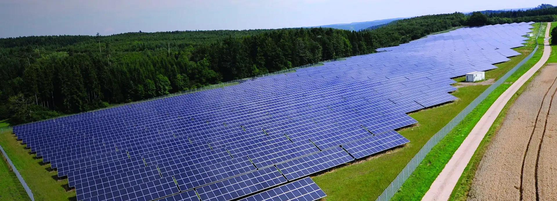 Solarpark mit Solarpanels auf der Wiese zwischen Feld und Wald