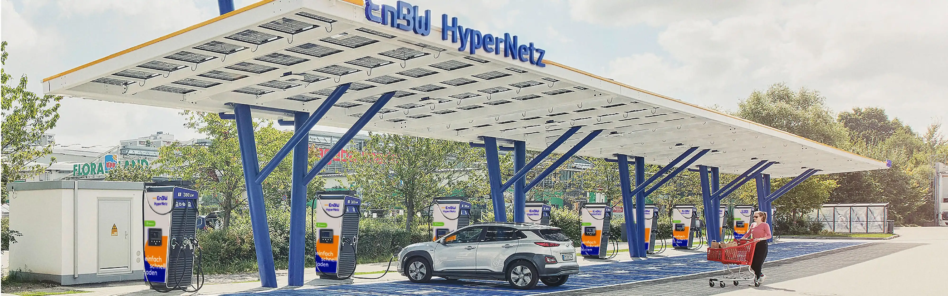EnBW Ladepark Unterhaching Frau Auto Einkaufswagen