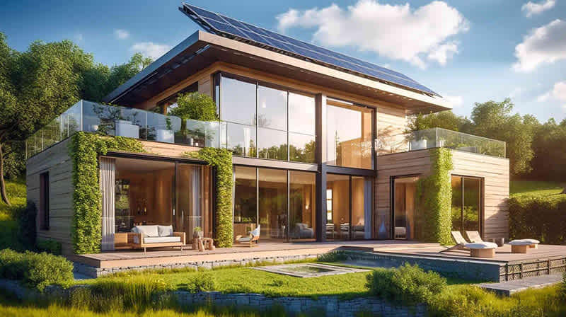 Modernes Haus aus Holz mit Solaranlage und Pflanzenbewuchs