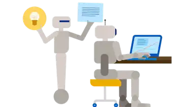 Utility Services Blogbeitrag KI im Kundenservice Illustration Roboter Laptop Glühbirne