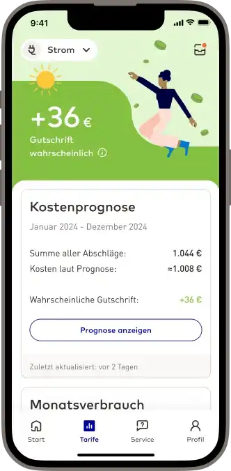EnBW zuhause+ App Screen zeigt Kostenprognose 10 Euro