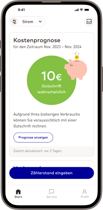 EnBW zuhause+ App Screen zeigt Kostenprognose 10 Euro