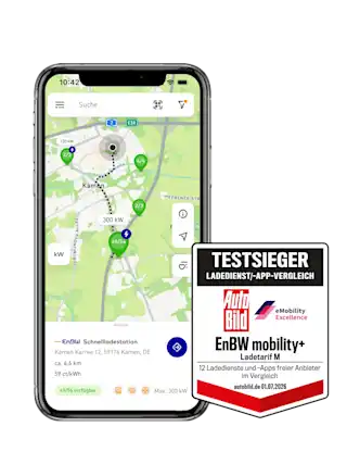 Illustration eines Handys mit einem Screenshot einer Landkarte und einem Testsieger-Siegel von AutoBild