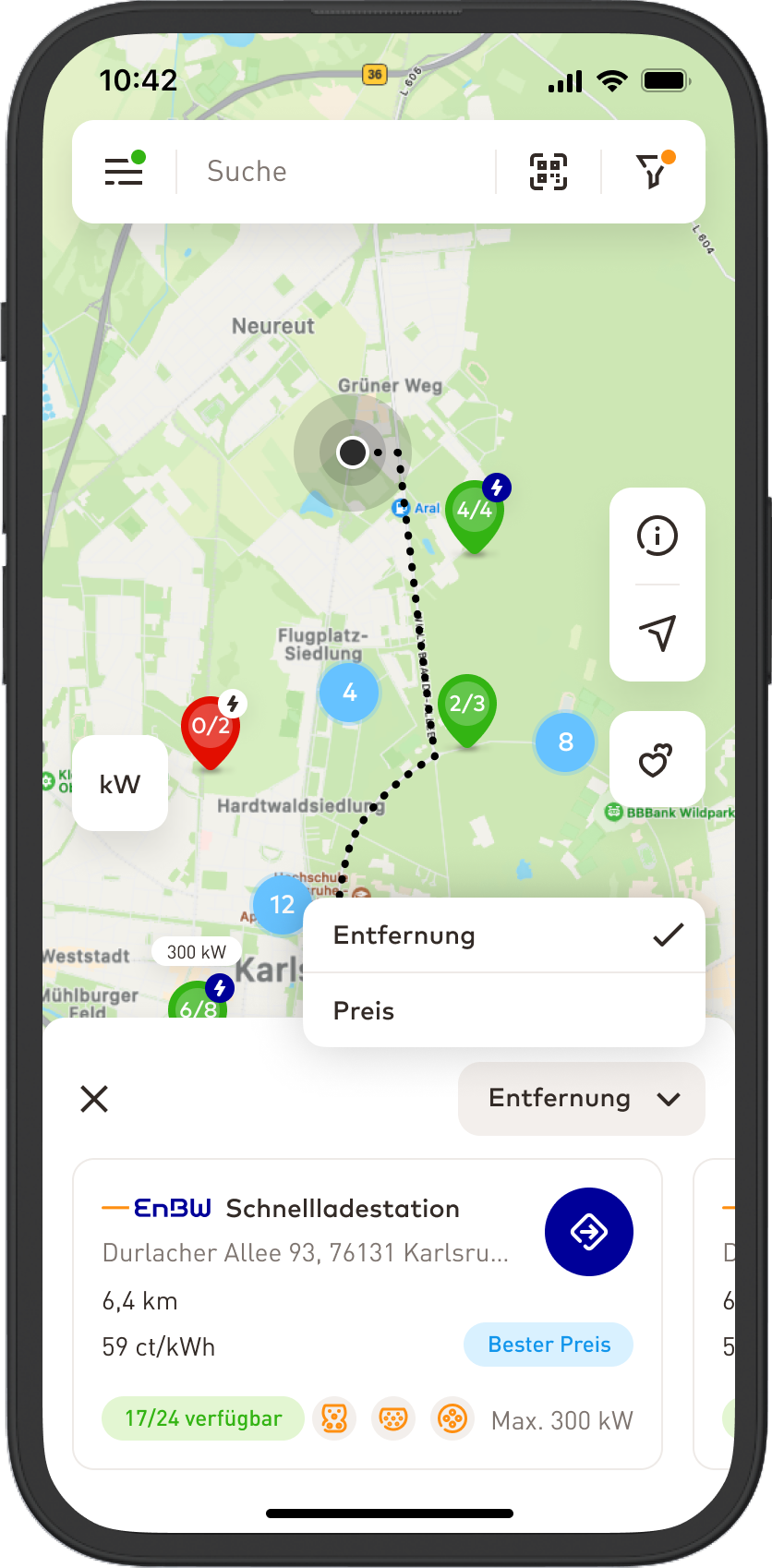 EnBW mobility+ Screenshot Karte mit Route zur Ladestation