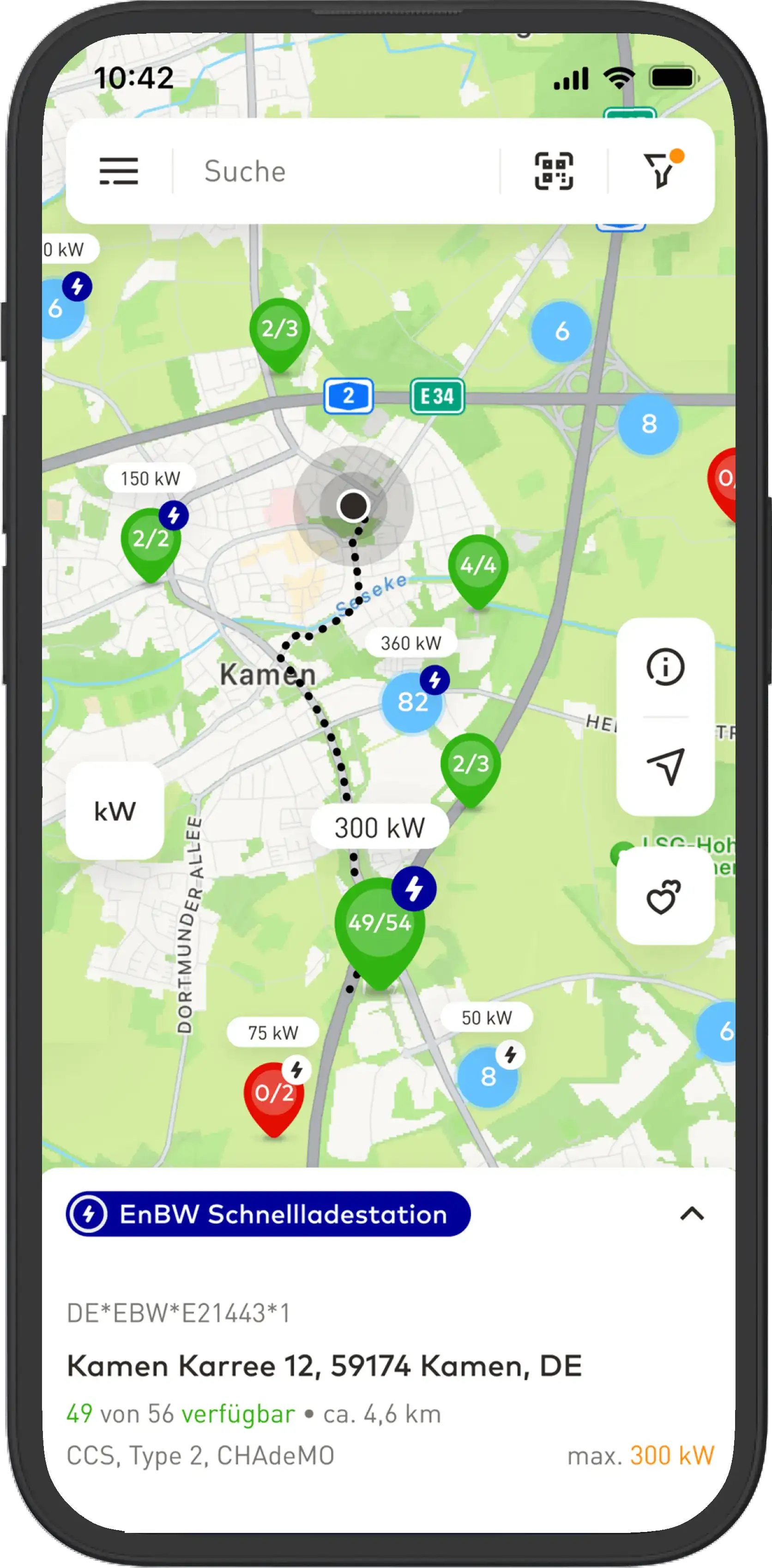 EnBW mobility+ Screenshot Karte mit Route zur Ladestation