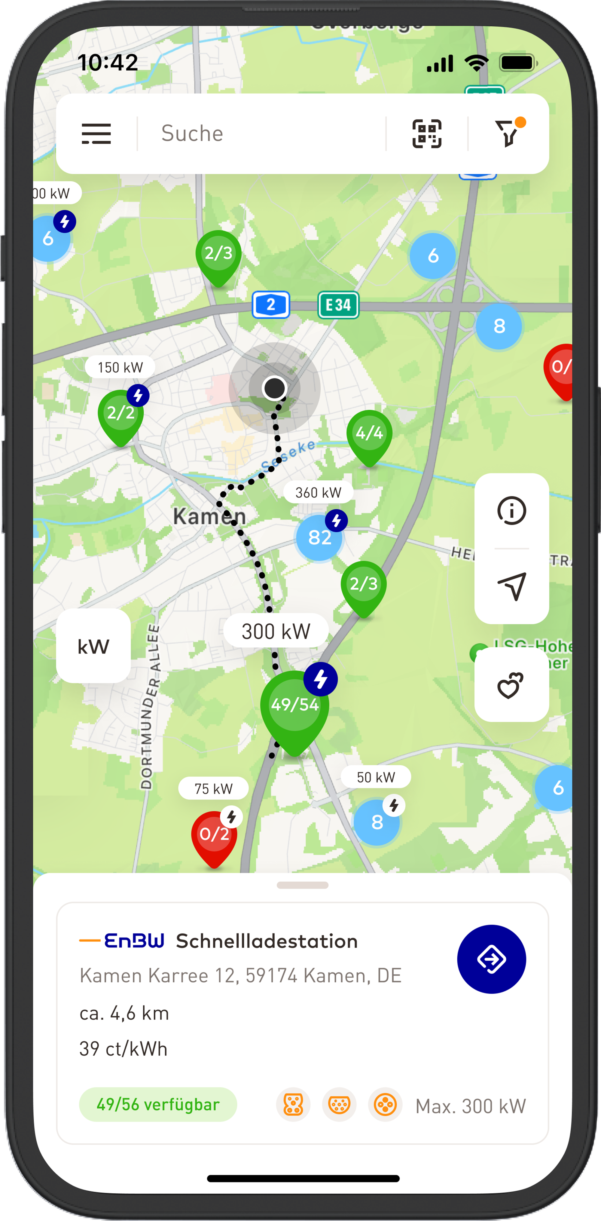 EnBW mobility+ Screenshot Karte mit Route zur Ladestation