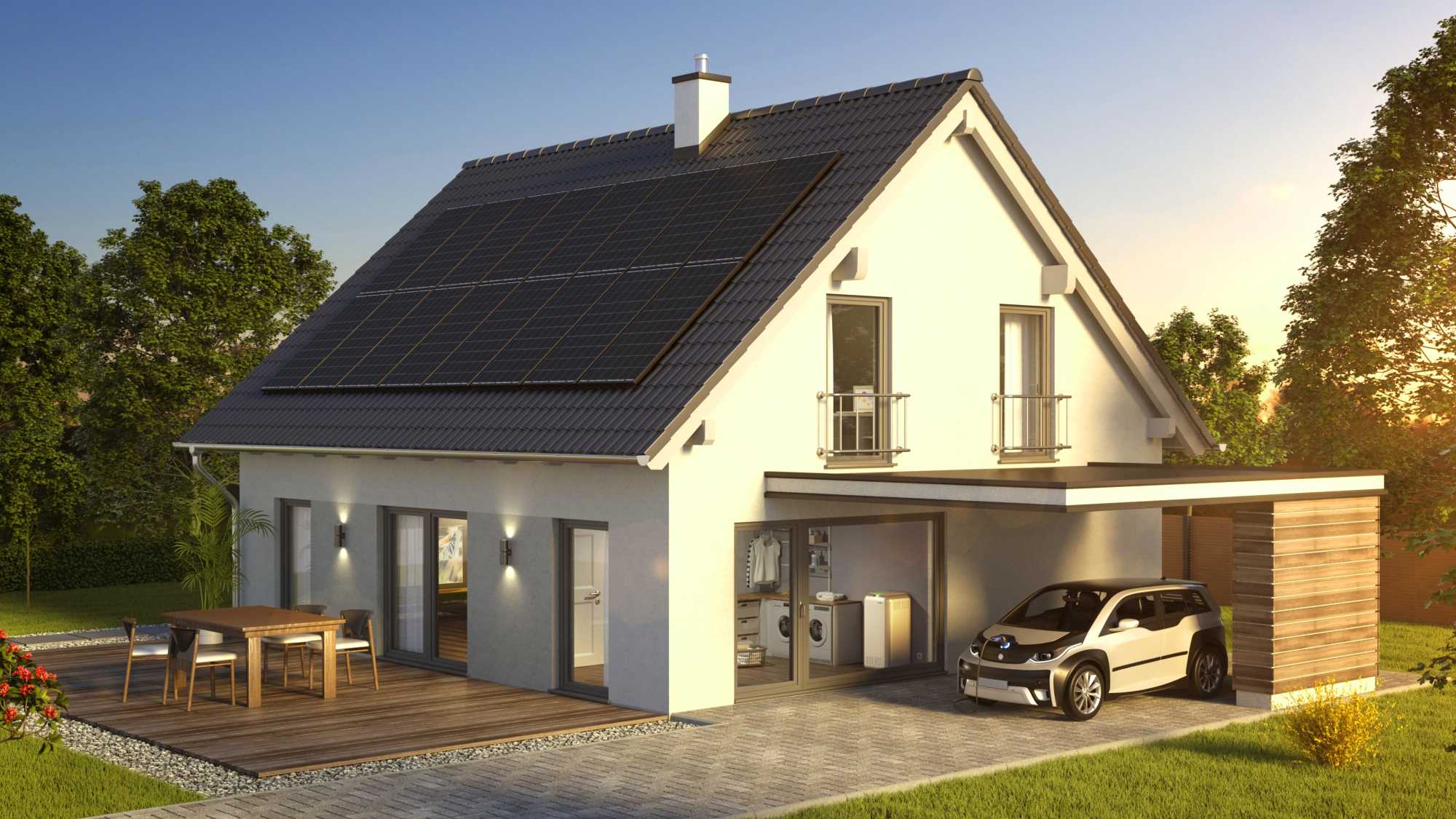 Grafische Darstellung eines Hauses mit Photovoltaik-Anlage