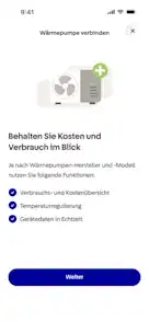 App-Screen zeigt ein Dashboard zum Verbinden einer Wärmepumpe
